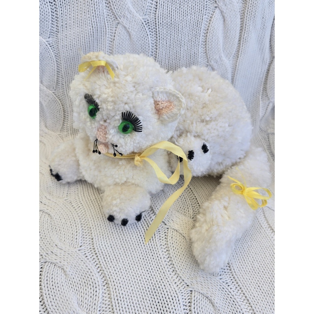 Vintage Handmade Crochet White Cat Plush Green Eyes Yarn Stuffed Toy Folk Art